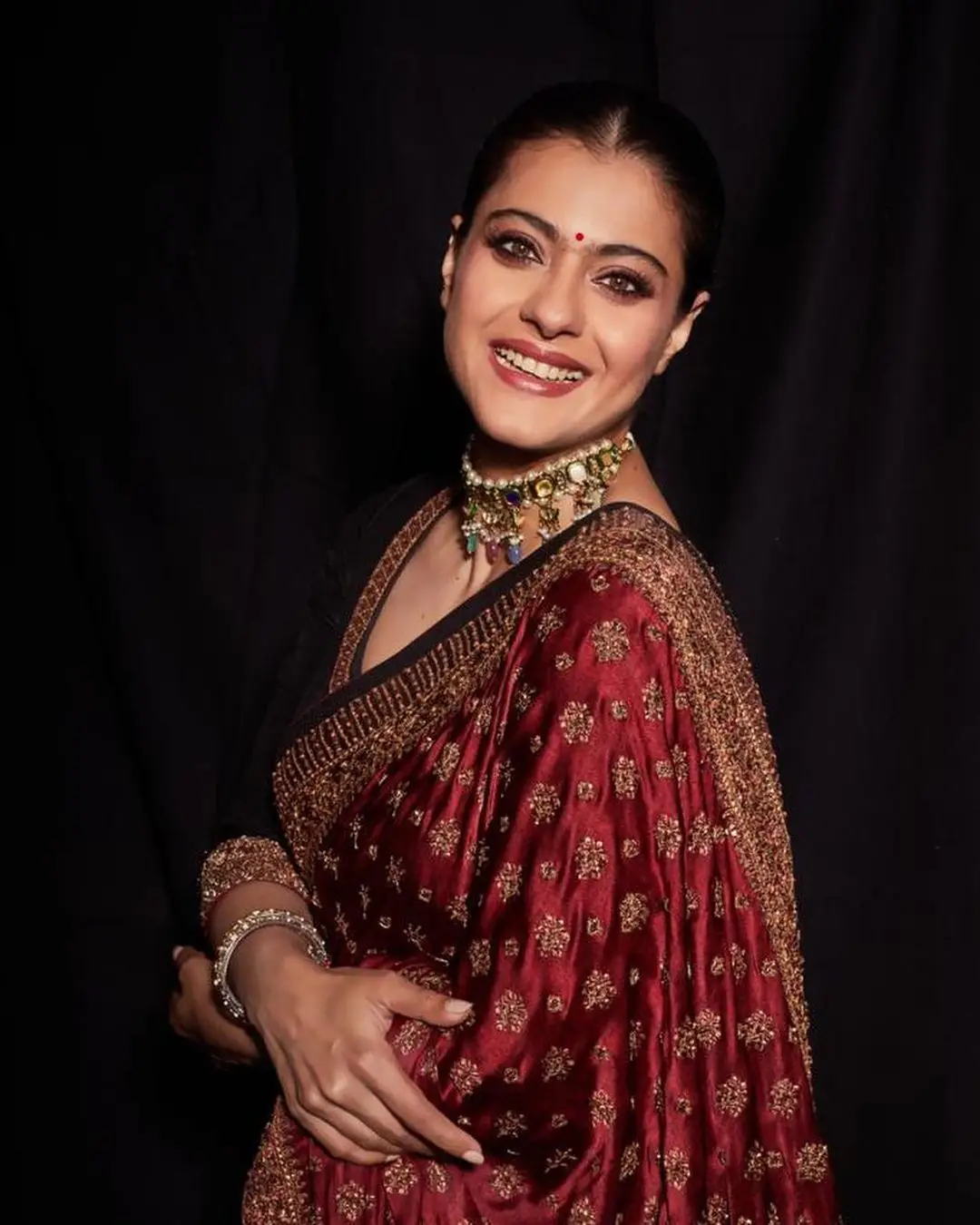 Kajol Devgan Photos In Maroon Saree Blouse